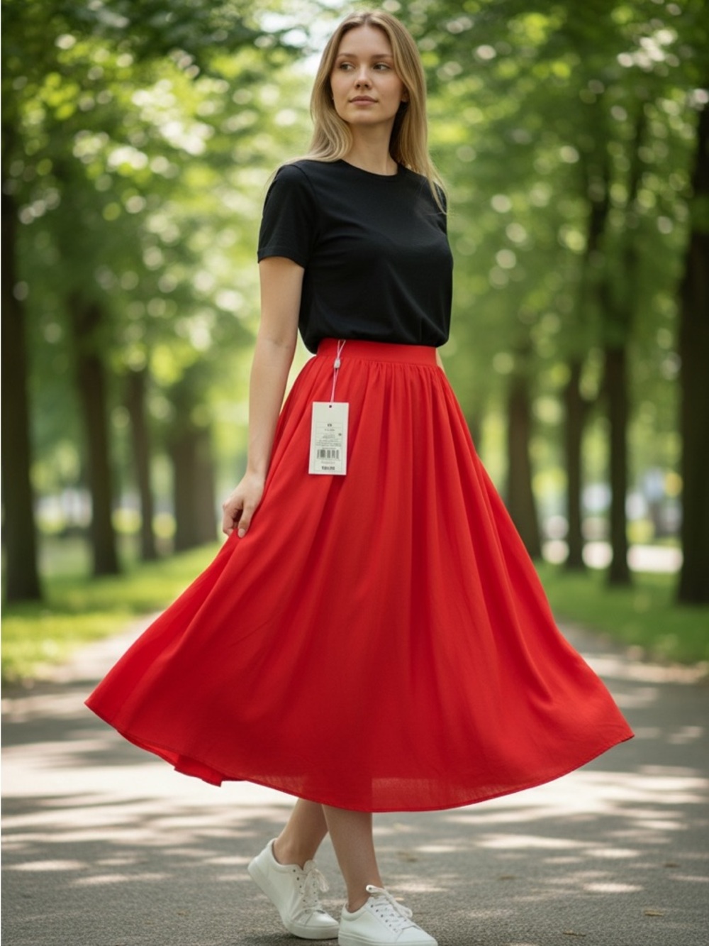 a new day Red Flowing Midi Skirt